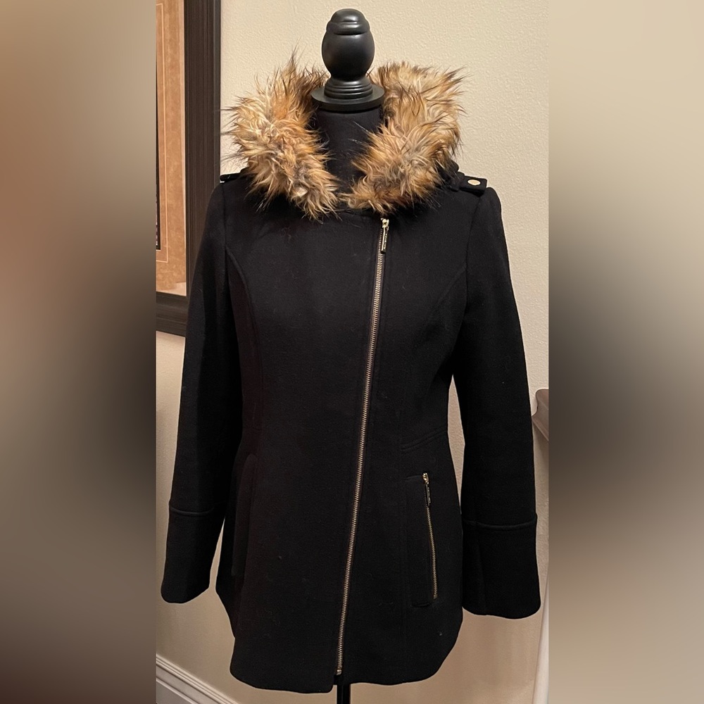 Stylish Michael Kors Fur Trimmed Hooded Black Coat